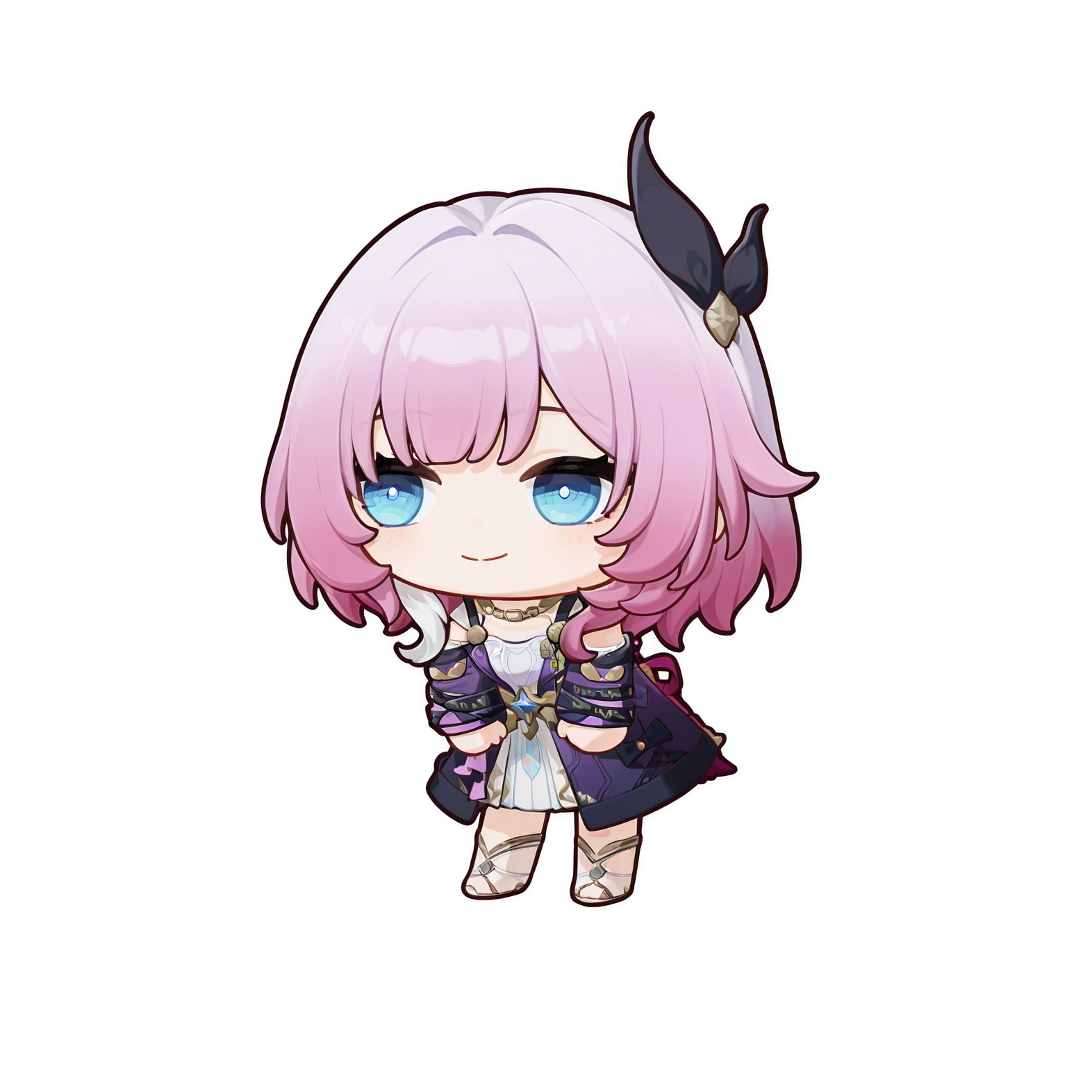 <lora:cyrene_illustrious-000060:1>,cyrene \(honkai: star rail\),<lora:Brain Rot v0.9_noob:1>,solo,smile,1girl,full body,closed mouth,standing,chibi,leaning forward,white_background,looking_away,