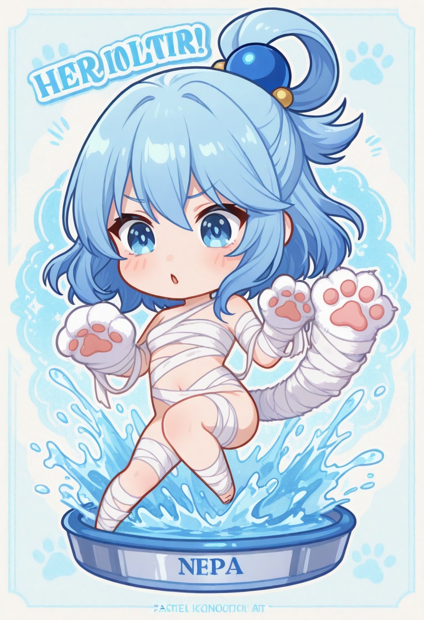 vibrant chibi art,  Aqua (Konosuba) tearfully holding up bandage-wrapped cat paw,  her holy water splashing chaotically on...