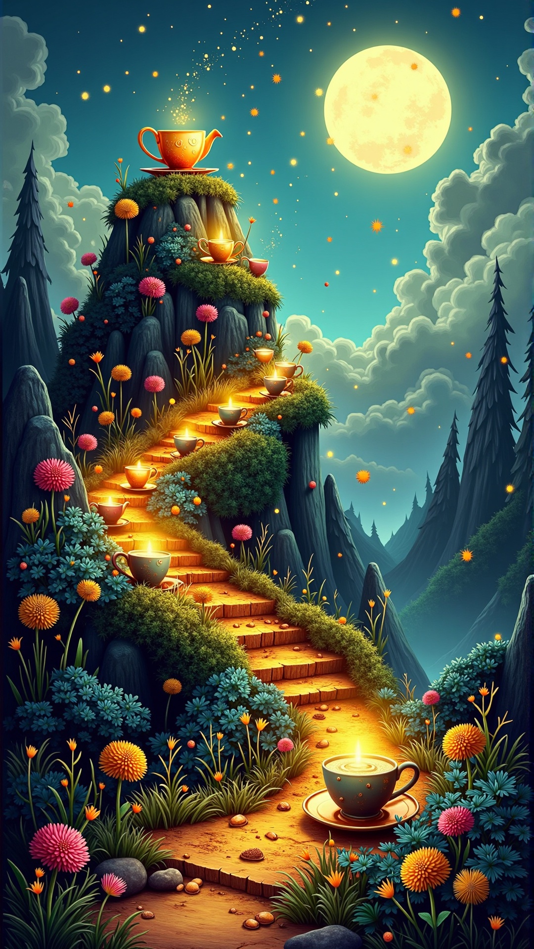 colorful,  Fantasy art of fireflies dancing on a midsummer's eve,  a mountain made of teacups on Tensor.Art
