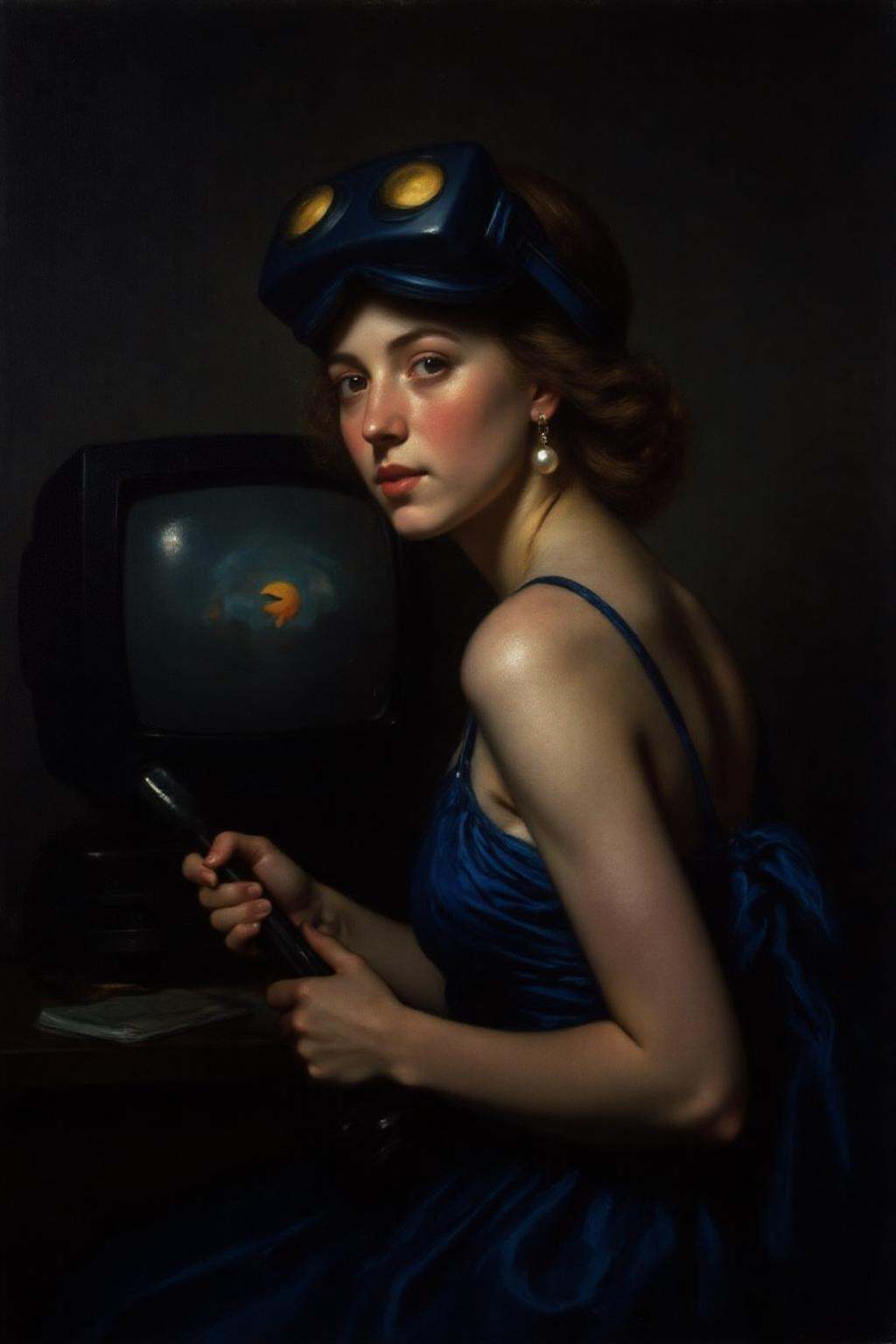 jore1 painting of a young woman turned slightly toward the viewer,  She wears a deep blue VR Headset with golden yellow le...
