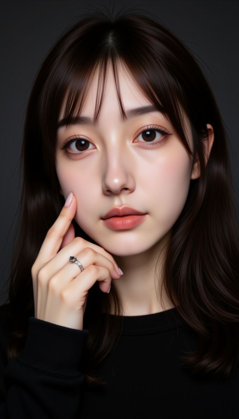 A photograph of a young woman with fair skin and long,  straight dark hair,  styled in a simple on Tensor.Art