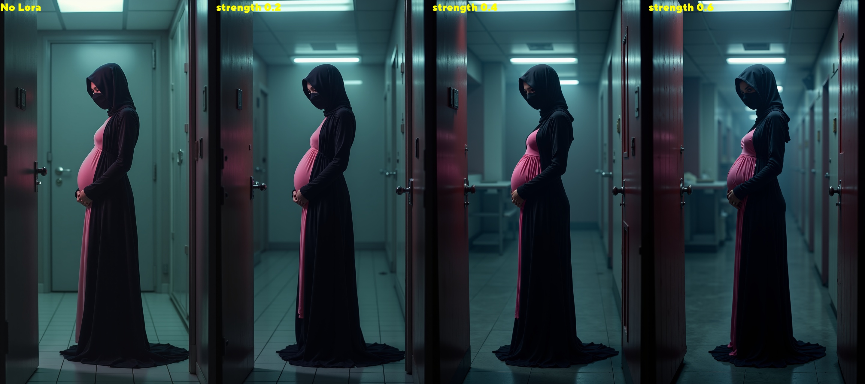 A lone figure maternity weared in a grand black and pink maternity wear and mask stands in the middle of a dimly lit room....
