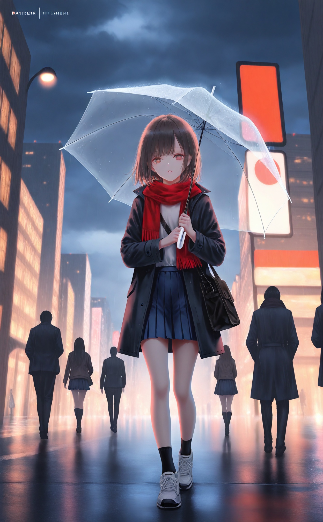 masterpiece,best quality,high quality,loli,[Artist:wlop],Artist:hiten_(hitenkei),[[Artist:sheya]],umbrella,scarf,holding umbrella,rain,skirt,outdoors,holding,1girl,red scarf,brown hair,bag,sky,blue skirt,night,pleated skirt,shoes,socks,coat,sneakers,looking at viewer,short hair,shirt,brown eyes,1boy,transparent,transparent umbrella,city,building,open clothes,standing,cloud,walking,long sleeves,white shirt,cloudy sky,jacket,parted lips,sign,miniskirt,shoulder bag,lamppost,open coat,solo focus,full body,road sign,