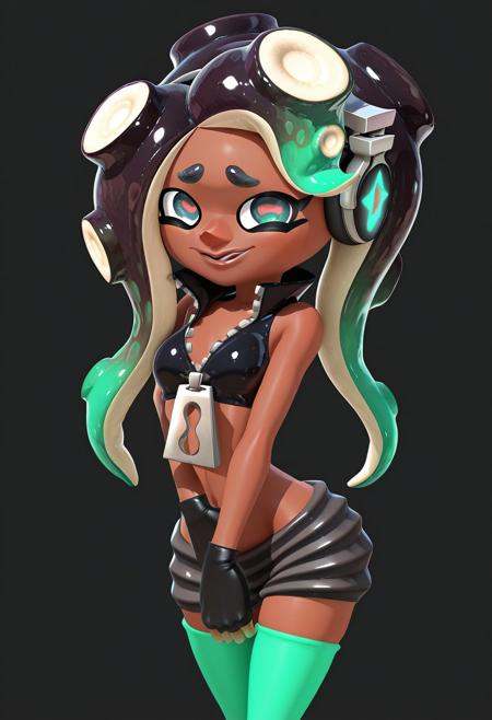 masterpiece, 3d, SP2RenderStyle, backlit, 1girl, solo, looking at viewer, cowboy shot, happy, marina_(splatoon), dark skin, simple background, green stockings