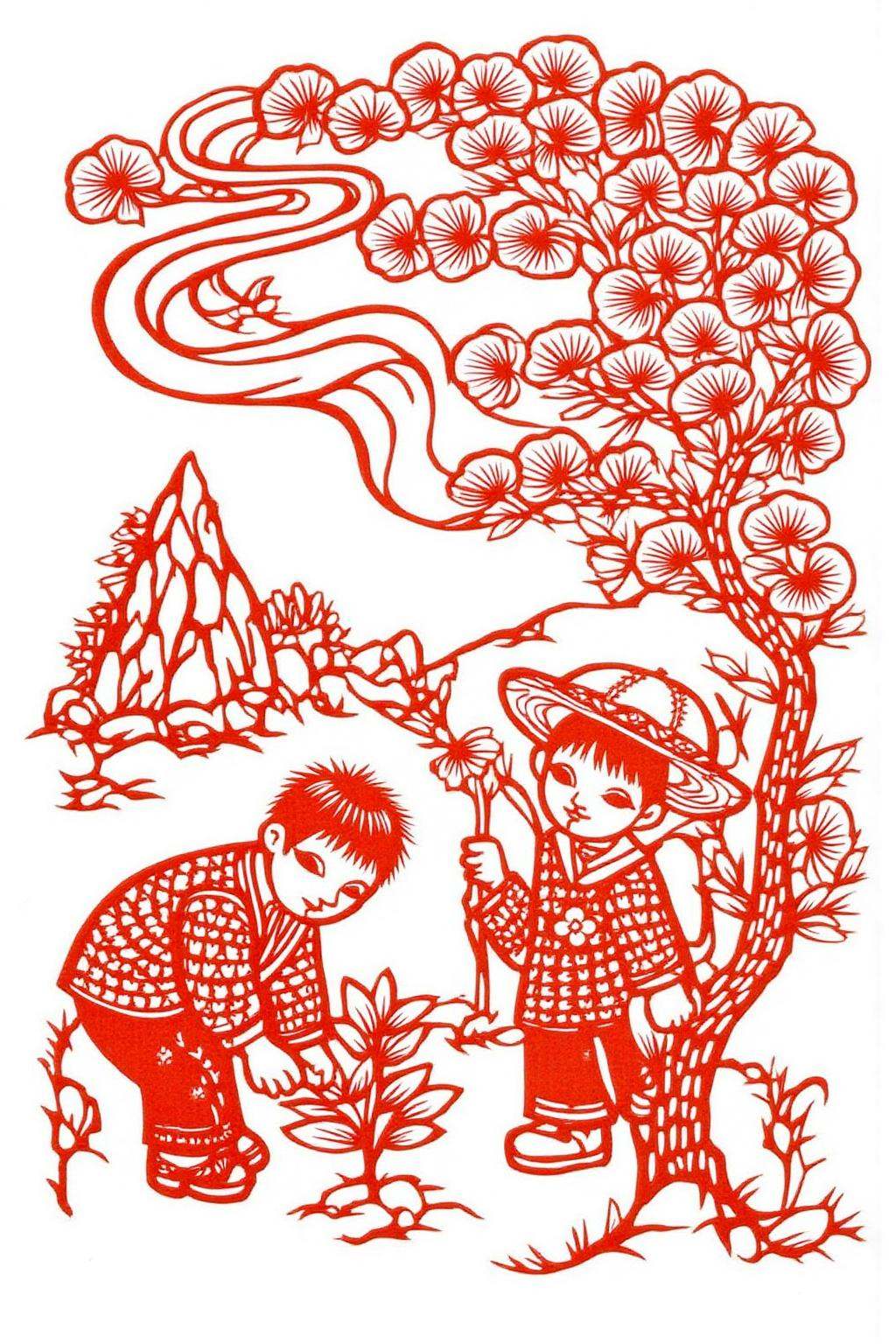 papercut art.papercut art of two children engaged in outdoor activities in a stylized,  whimsical landscape. The backgroun...