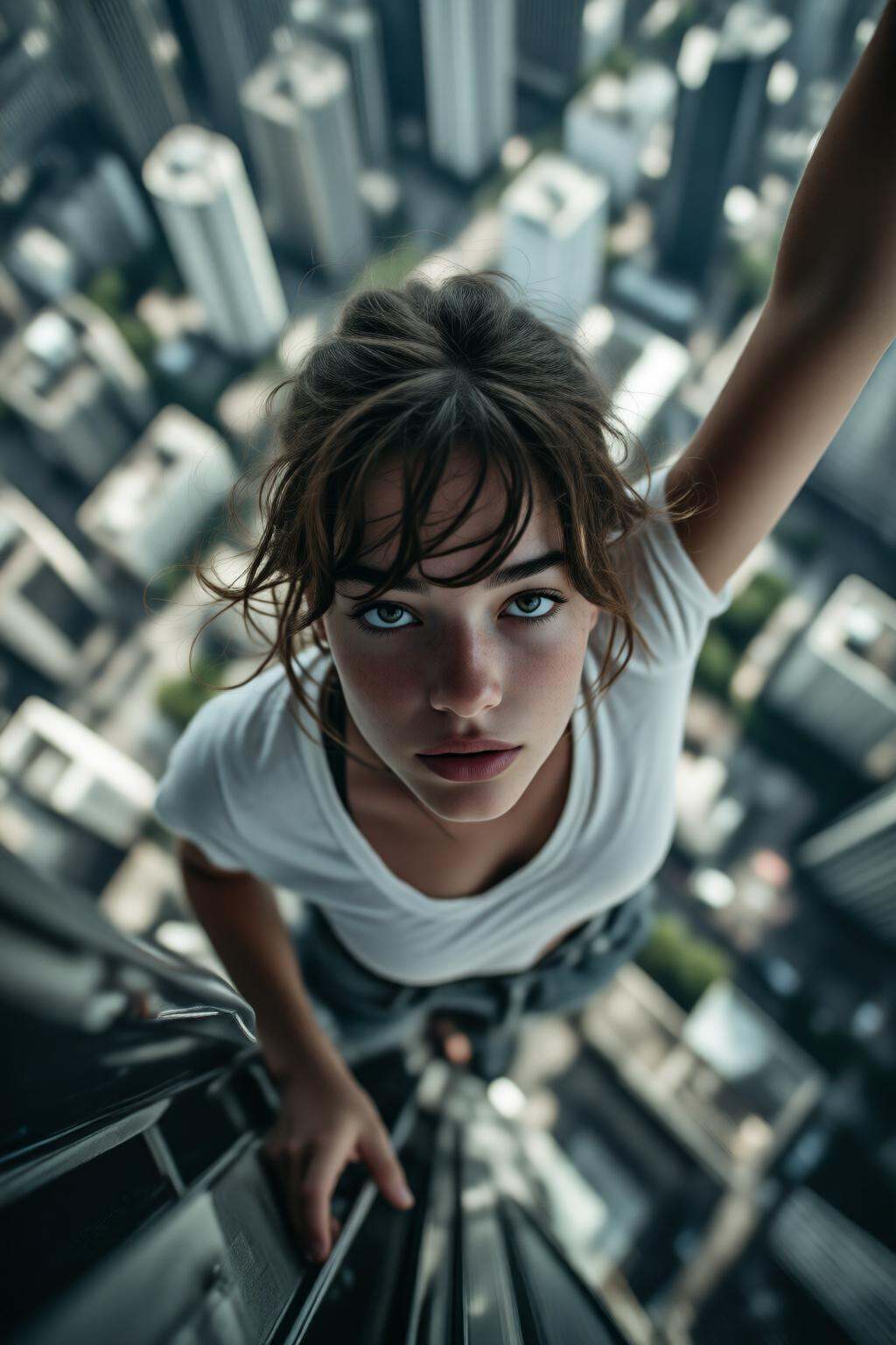 midjourneyhighangle13q High angle view. Close-up of a young woman wearing a white t-shirt,  standing on the edge of a tall...