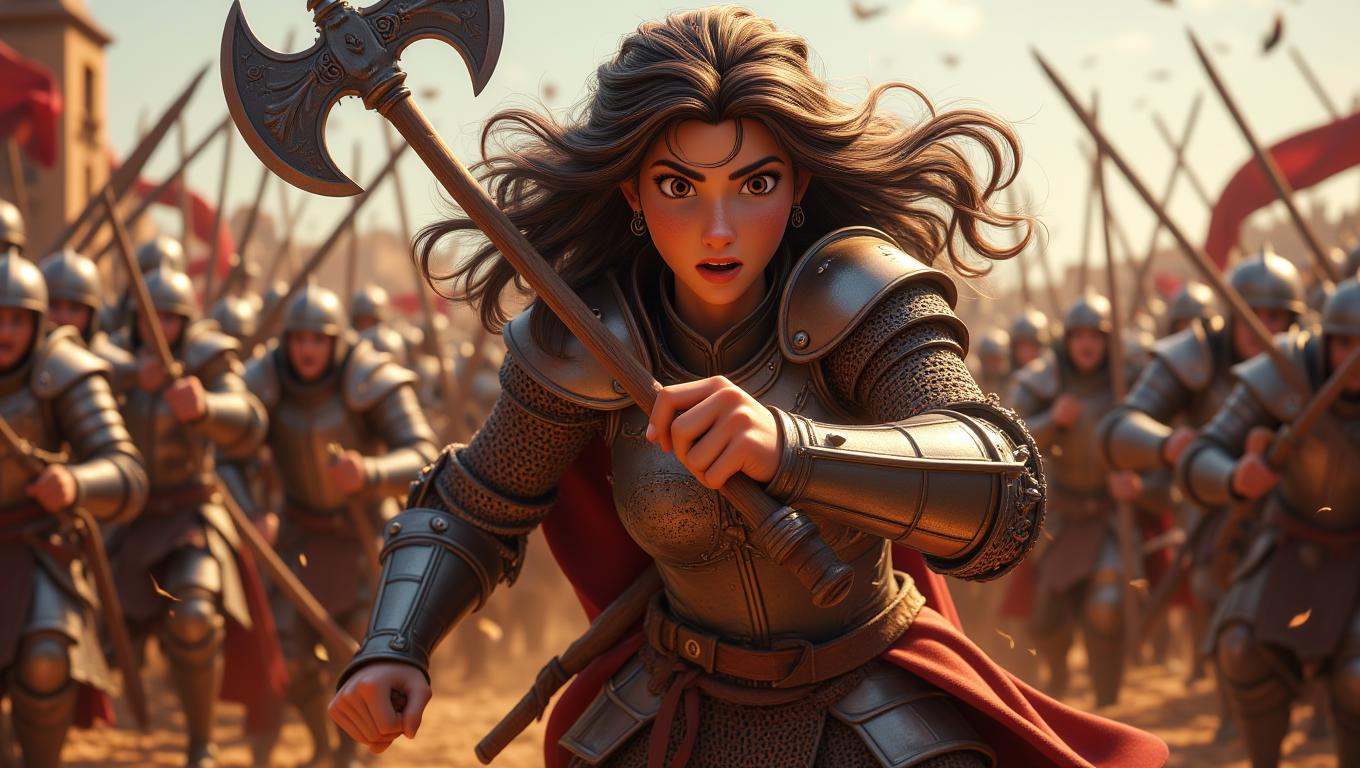 A fierce female warrior,  clad in intricately designed armor,  charges into battle with a determined expression. She wield...
