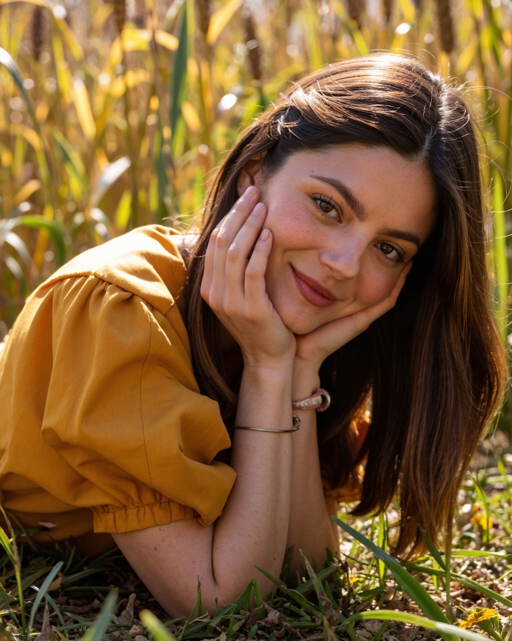 monica_barbaro with fair skin and freckles,  lying on her side in a field of tall,  golden grasses and wildflowers on Tens...