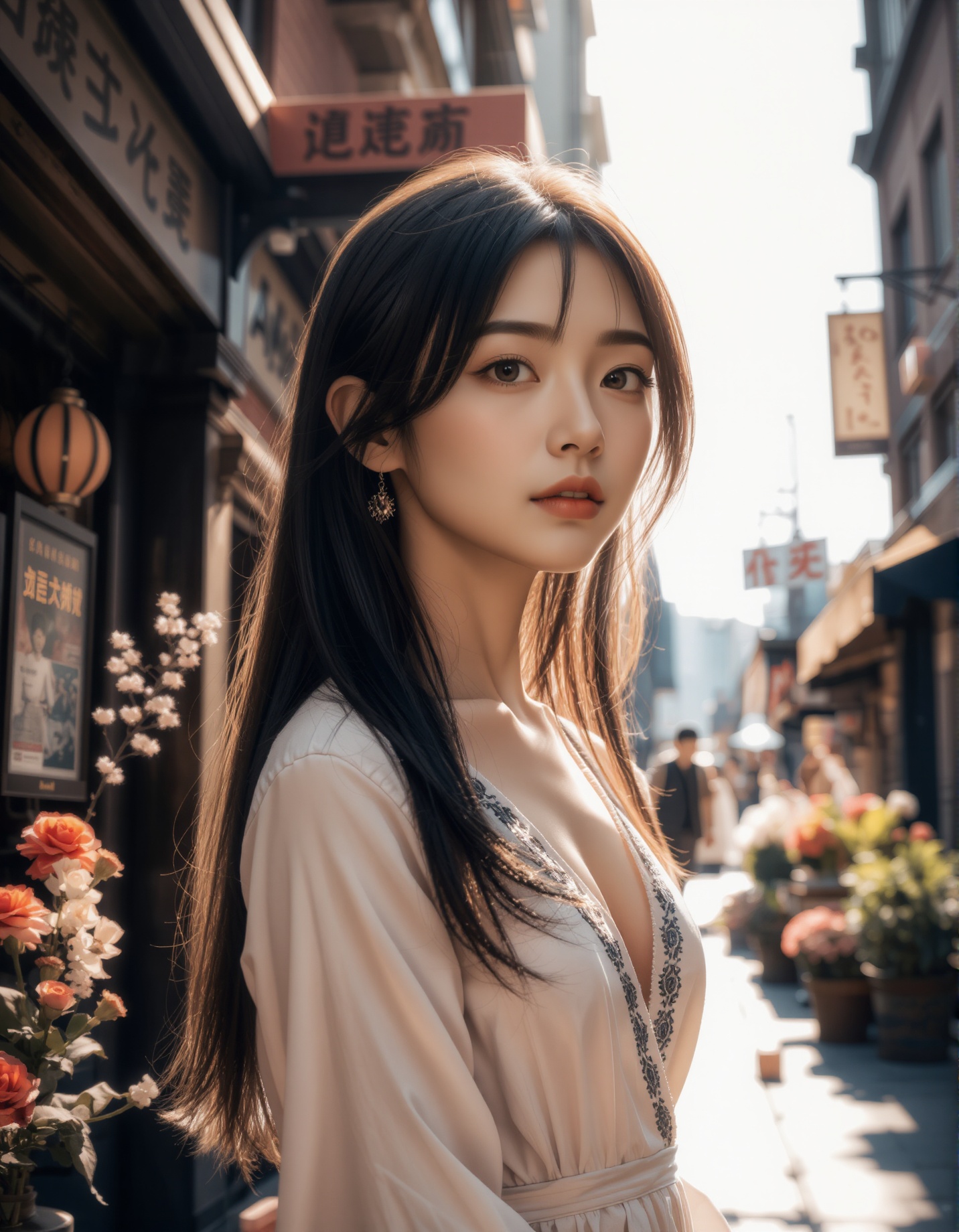 A photograph of an incredibly beautiful 18-year-old girl with long,  stylish gradient brown hair,  standing confidently at...