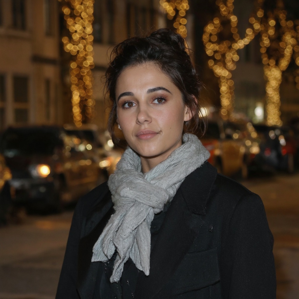 A portrait of naomi_scott outdoors,  captured in a candid moment. She wears a black blazer and a light gray scarf around h...