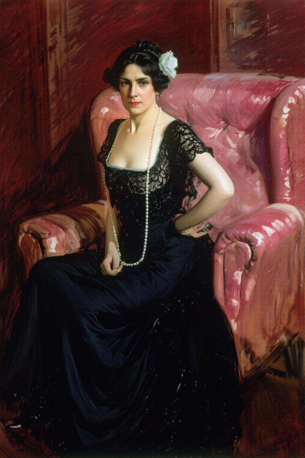 joaquinsorolla3q painting.Full body portrait of a middle-aged Spanish woman,  shown in 3/4 profile,  is seated on a red up...