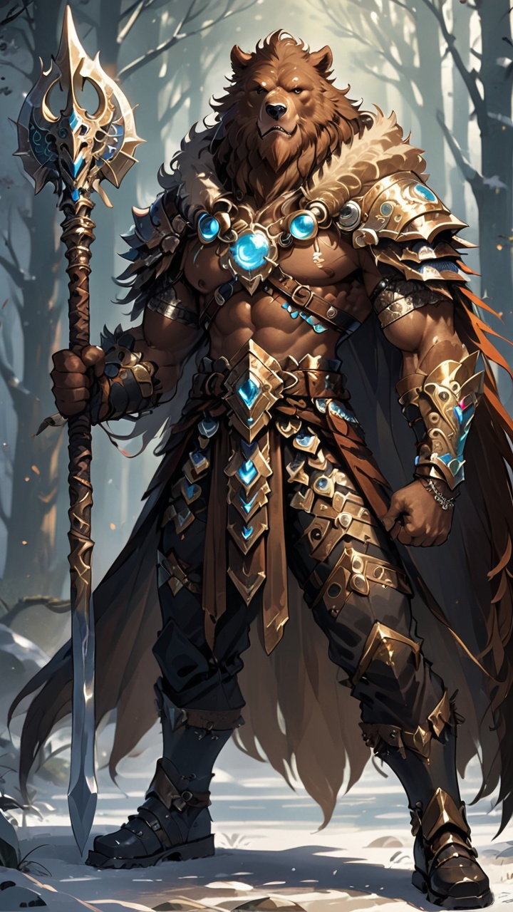 He is a burly and infinitely powerful warrior with the bravery and strength of a bear. His hair is black, thick and hard, like the fur of a bear. His eyes are round and sharp, like black pearls, revealing firmness and fearlessness. His ears are thick and wide, like bear ears, able to withstand the cold. He is wearing a thick brown armor with sharp spikes embedded on it, like the fangs of a bear. He is holding a huge battle axe in both hands, and the blade of the axe is flashing with cold light. His leg muscles are developed, and he is wearing black leather pants, with the trouser legs tucked into a pair of black boots. On his shoulders, there is a bear skin cape, making him look even more mighty.