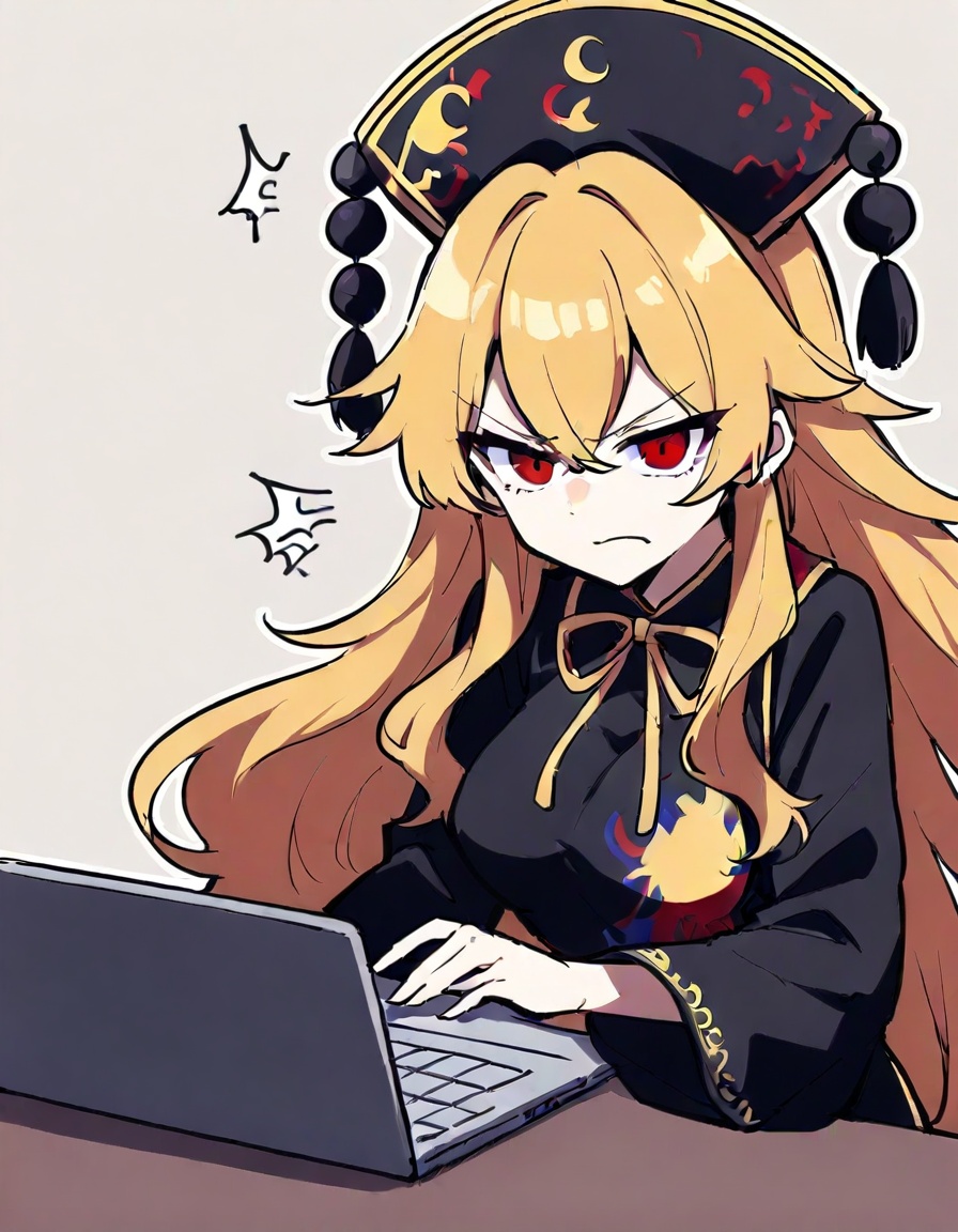 1girl, junko \(touhou\), touhou,mochizuki kei,zmgwshnmspfd, long hair, red eyes, hat, blonde hair, bangs, breasts, black headwear, hair between eyes, phoenix crown, very long hair, laptop, angry, holding laptop, chinese clothes, looking at viewer, expressionle, holding, medium breasts, simple background, yellow ribbon, tabard, wide sleeves, long sleeves, dress, sidelocks, neck ribbon, ribbon, black dress, closed mouth, computer, crescent print, solo, white background, upper body<lora:nsnsns:1>​​​