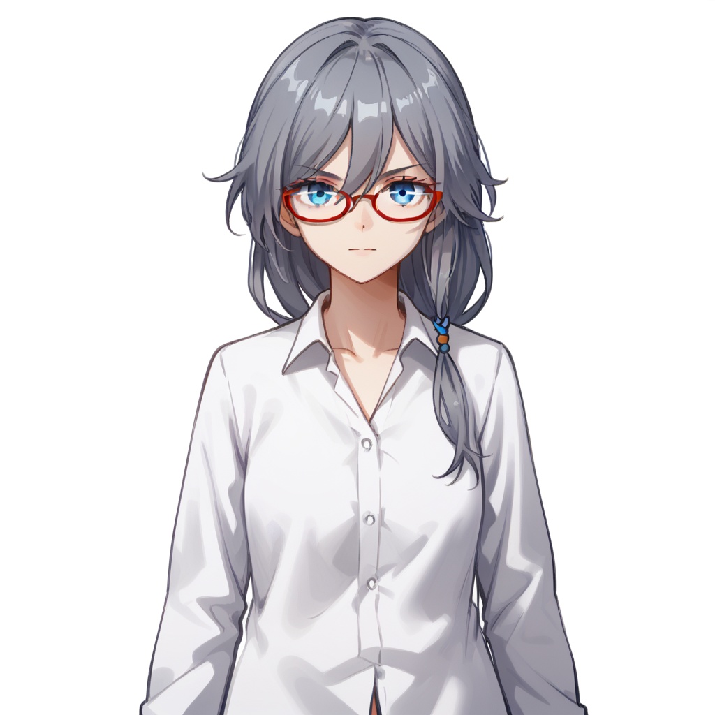 (white background:1.2),looking at viewer,(SOLO:1.4),outline,simple background,upper body, cowboy shot,looking at viewer,(((arms at side))),  fu hua, fu hua mangaver, long hair, bangs, blue eyes, hair between eyes, grey hair, hair ornament, low-tied long hair, blue hair, long sleeves, white shirt, glasses, barefoot<lora:luotui-pony:0.8>