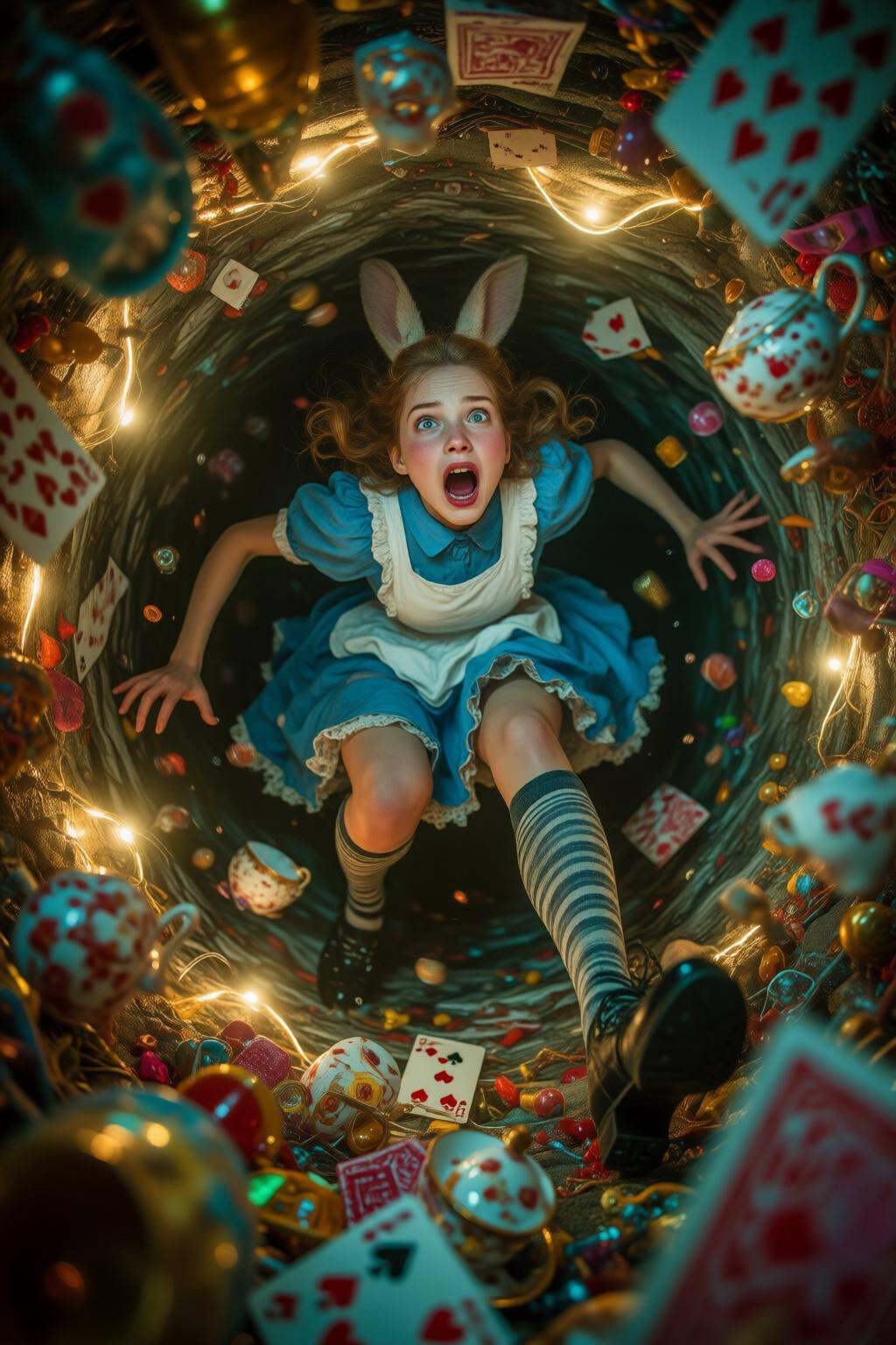 midjourneymix10q photograph. High angle shot of Alice in Wonderland falling into the rabbit hole,  with her legs dangling...