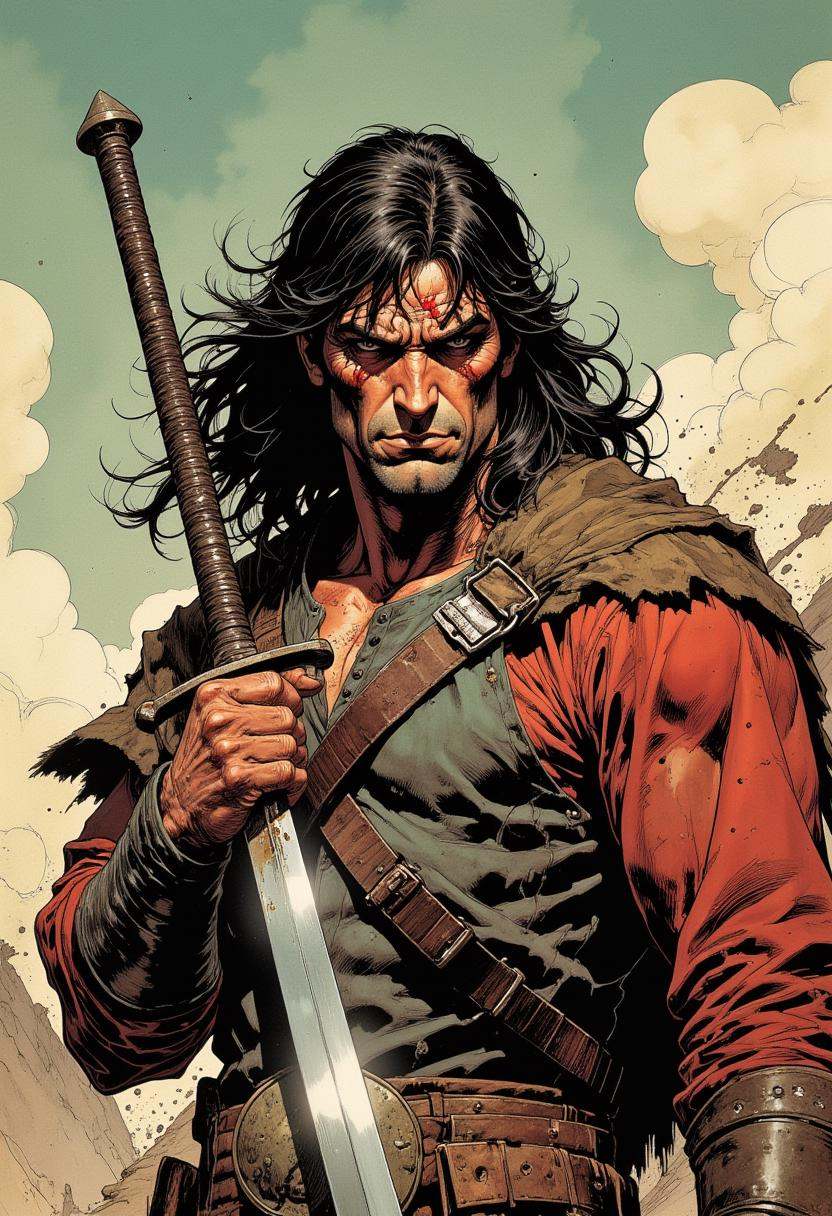 Comic book style,  concept art of Conan the Barbarian a man with a sword and a perfect grip hand comic book magazine style...