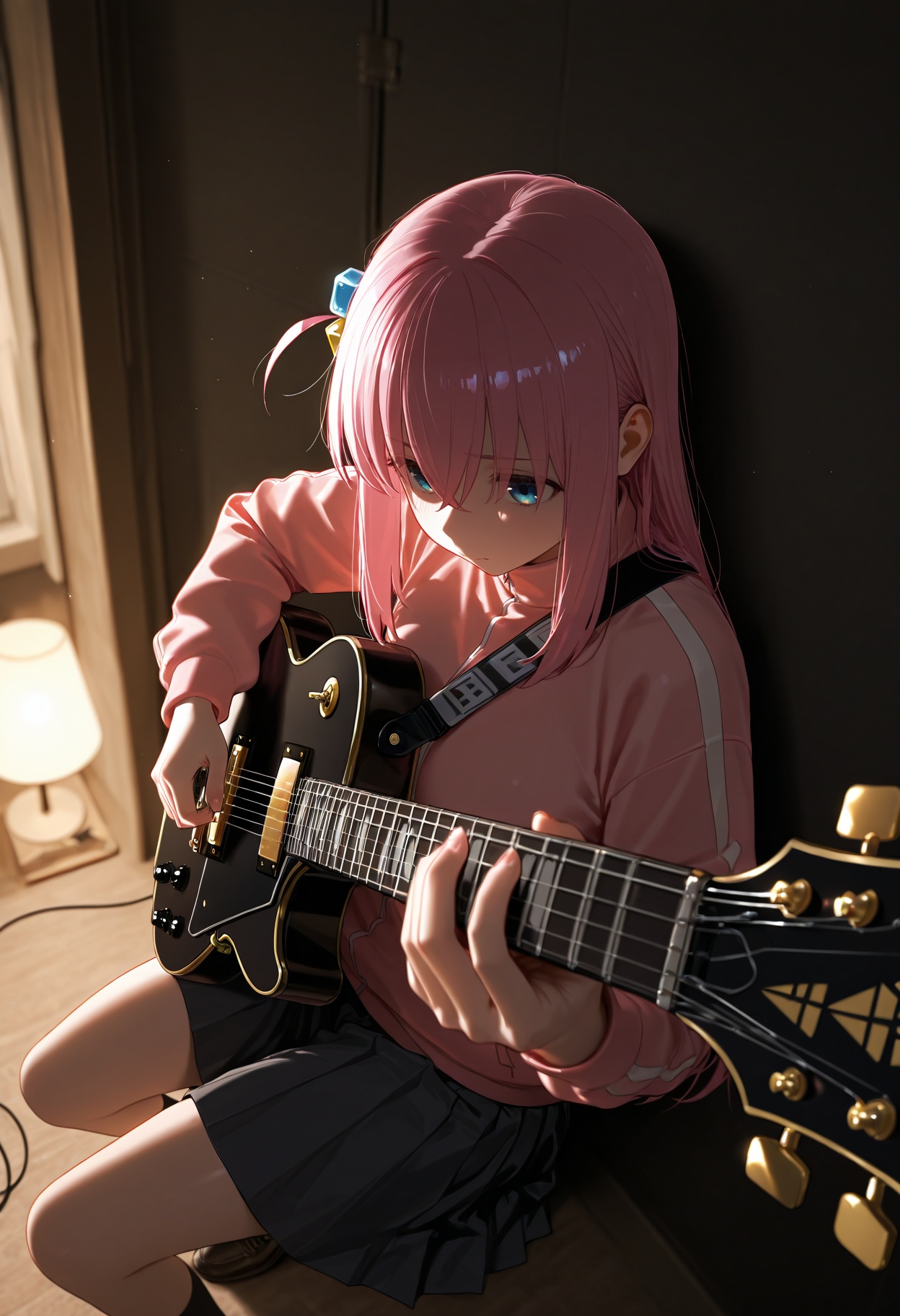 masterpiece,best quality,amazing quality,very aesthetic,absurdres,highres,newest,HDR,8K,high detail,subtle,high contrast,real background,smooth shading,glossy surfaces,colorful depth,1girl,solo,gotoh hitori\(bocchi the rock!\),pink hair,jacket,long hair,one side up,track jacket,skirt,Serious performance,guitar playing,(guitar pic:1.4),sweat,enthusiasm,diagonal angle,high angle,dak depth,masterful shading,low kye,dak depth,chiaroscuro,impasto,(shallow depth of field:1.4),(foreshortening:1.4),composition looking down on the guitar,