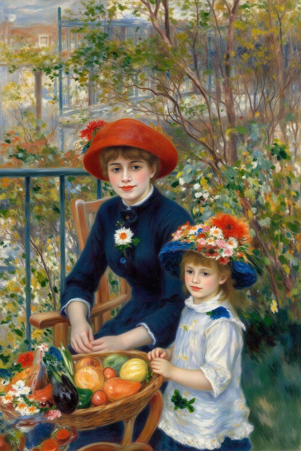 pierreaugusterenoir1 painting. A woman and a child are on a balcony with a railing surrounded by greenery. The woman is si...