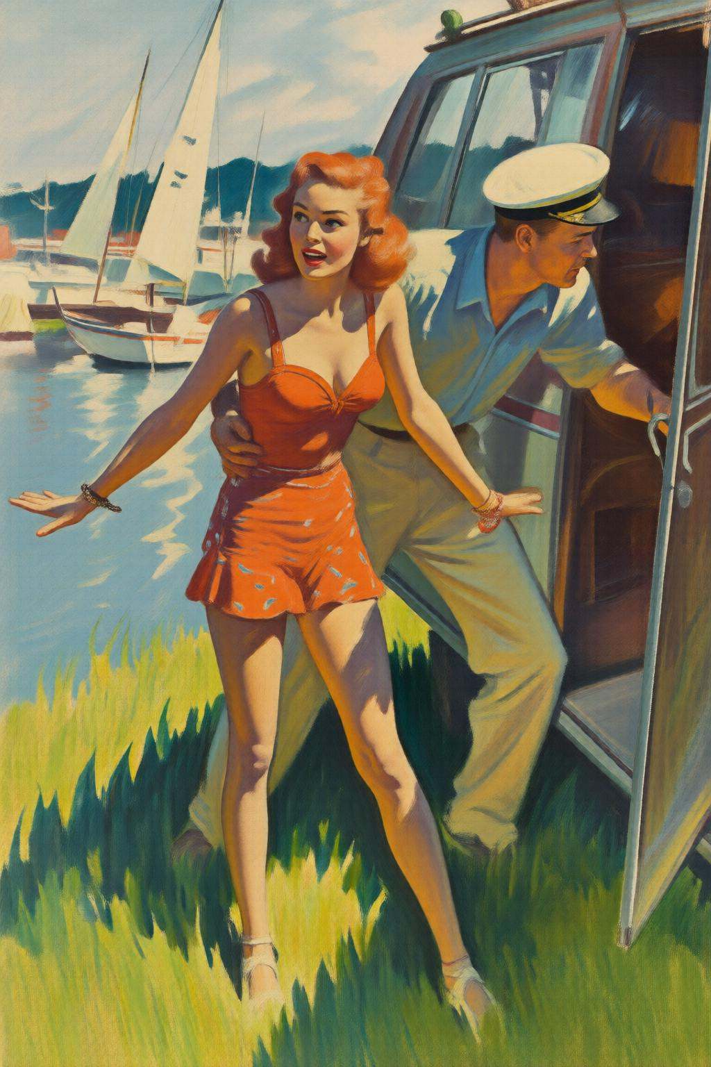walterbaumhofer2q illustration. A woman in an orange swimsuit stands on a grassy area near the water,  arms outstretched....