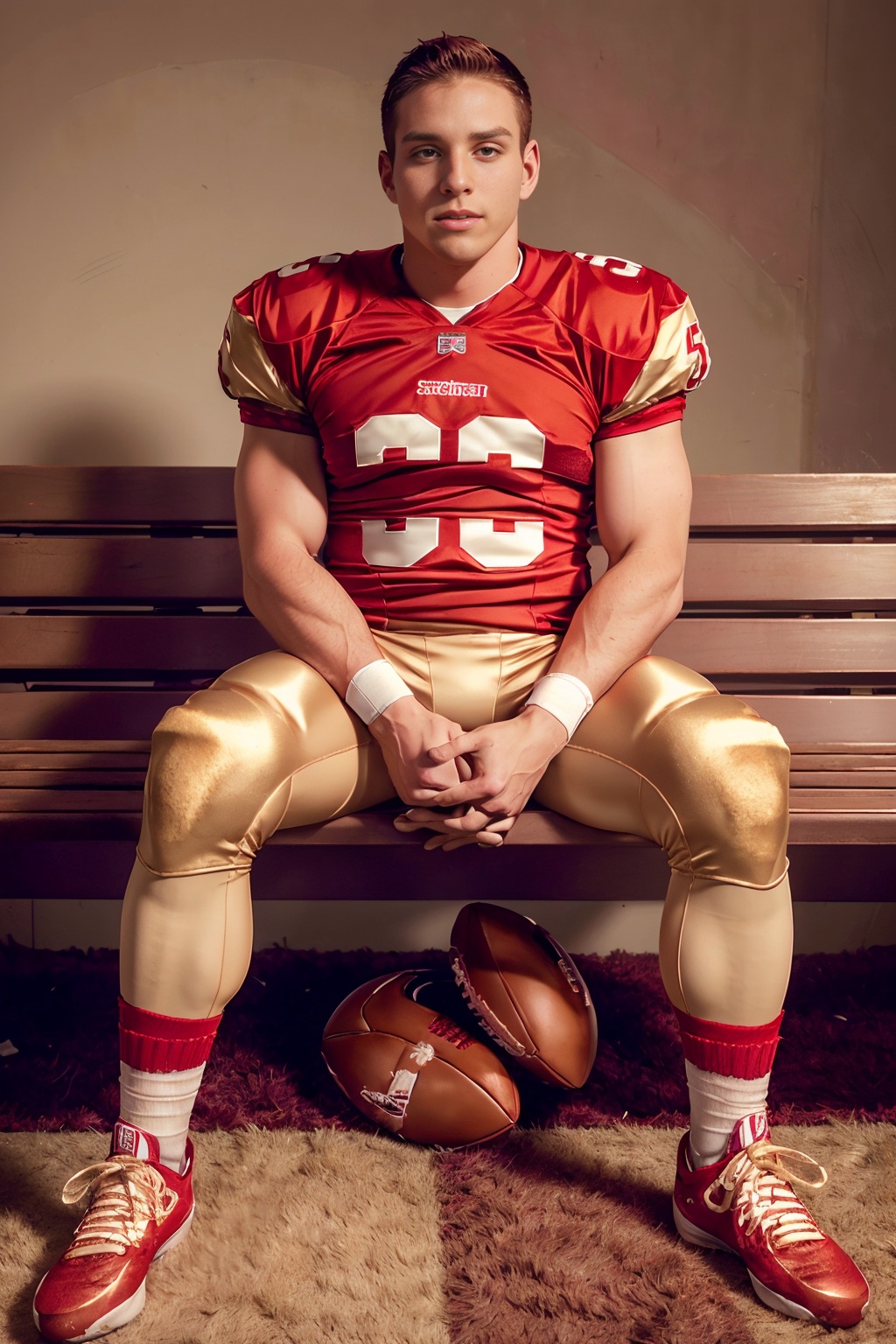 an American football locker room,  (sitting on a bench),  legs spread open on Tensor.Art