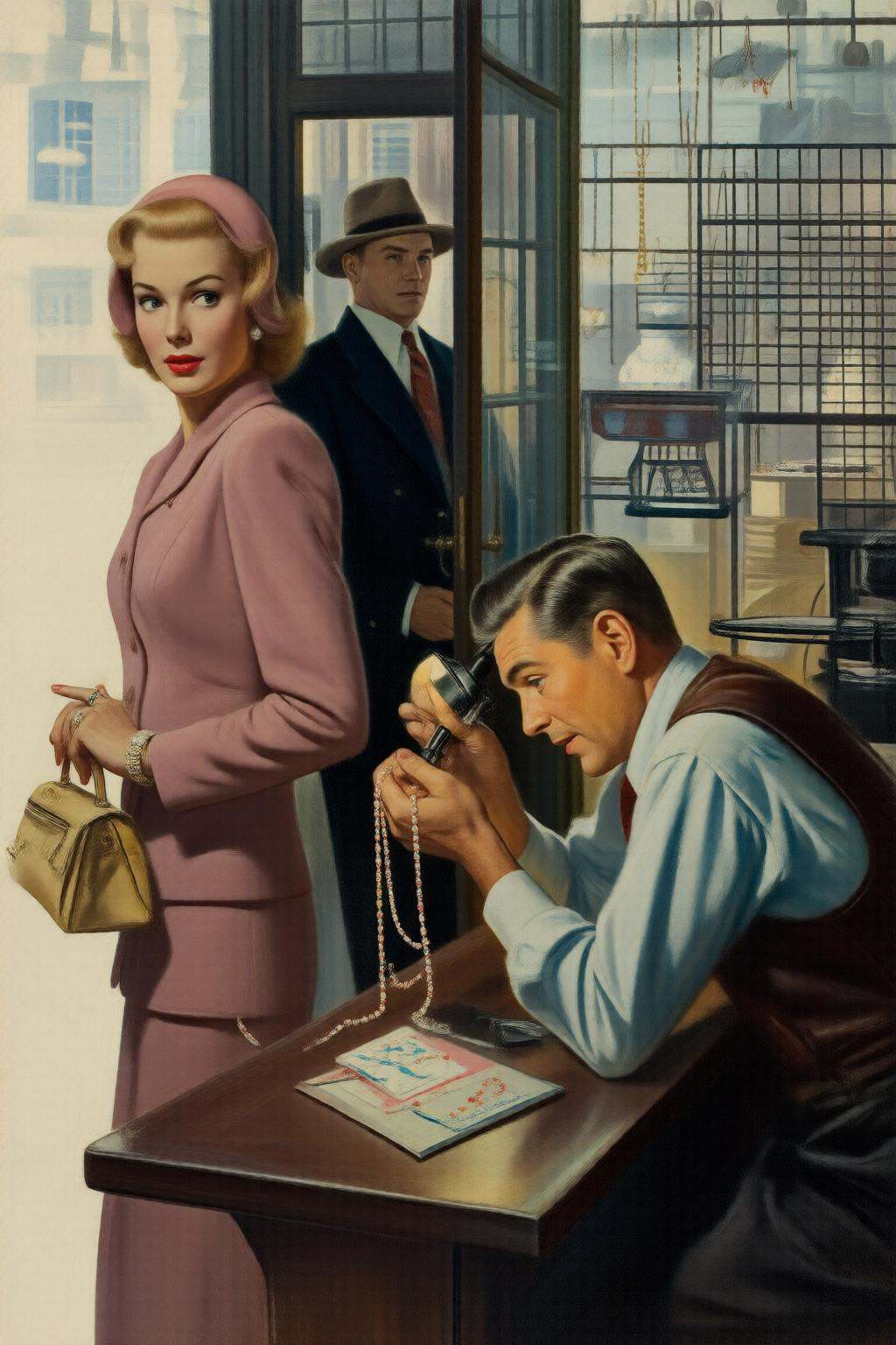 walterbaumhofer2q illustration. A scene inside a jewelry store. On the left,  a woman in a pink suit and hat stands at the...