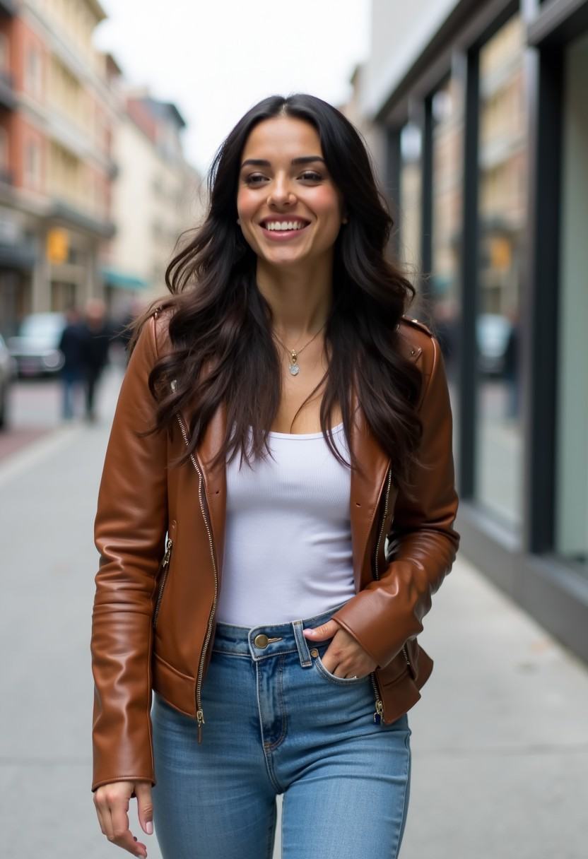 A woman with long raven hair smiles as she walks down a downtown street wearing a brown leather jacket over a white **** t...