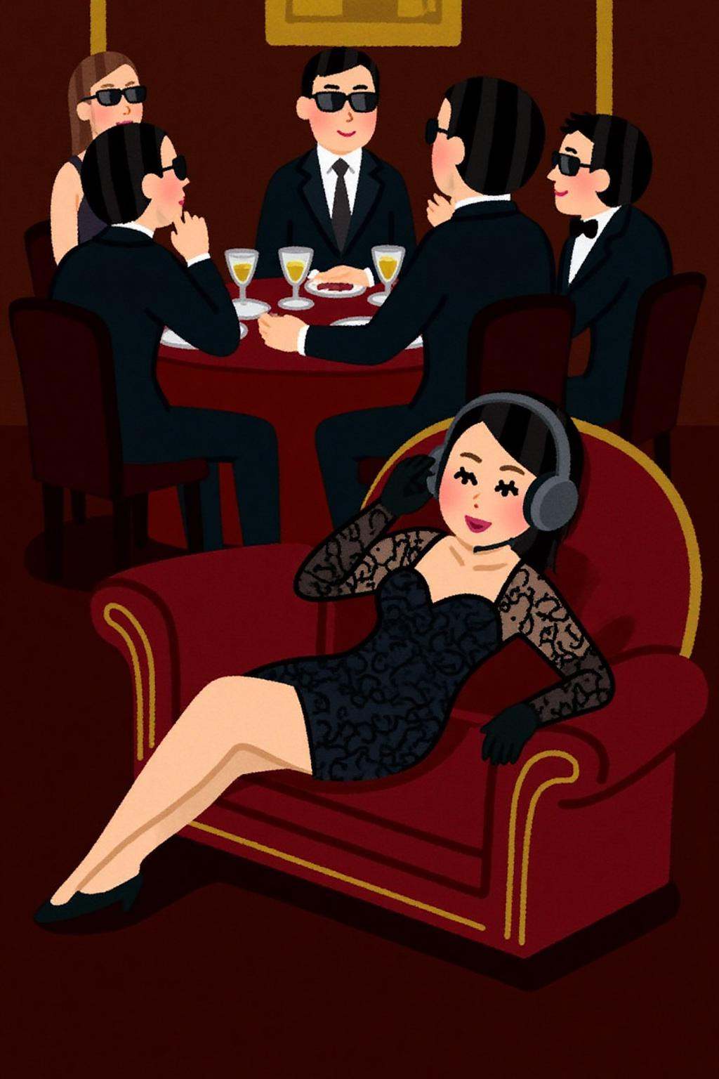 irasutoya1 illustration.A luxurious,  dimly lit lounge set in 1970s Italy,  exuding vintage charm and opulence. A stylish...