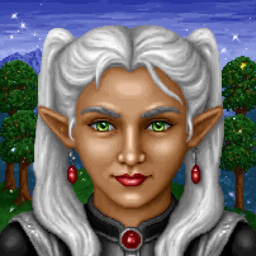 Original HoMM2 style portrait of an elf sorceress Frieren. She has pointy ears,  green eyes,  and white hair with twintail...