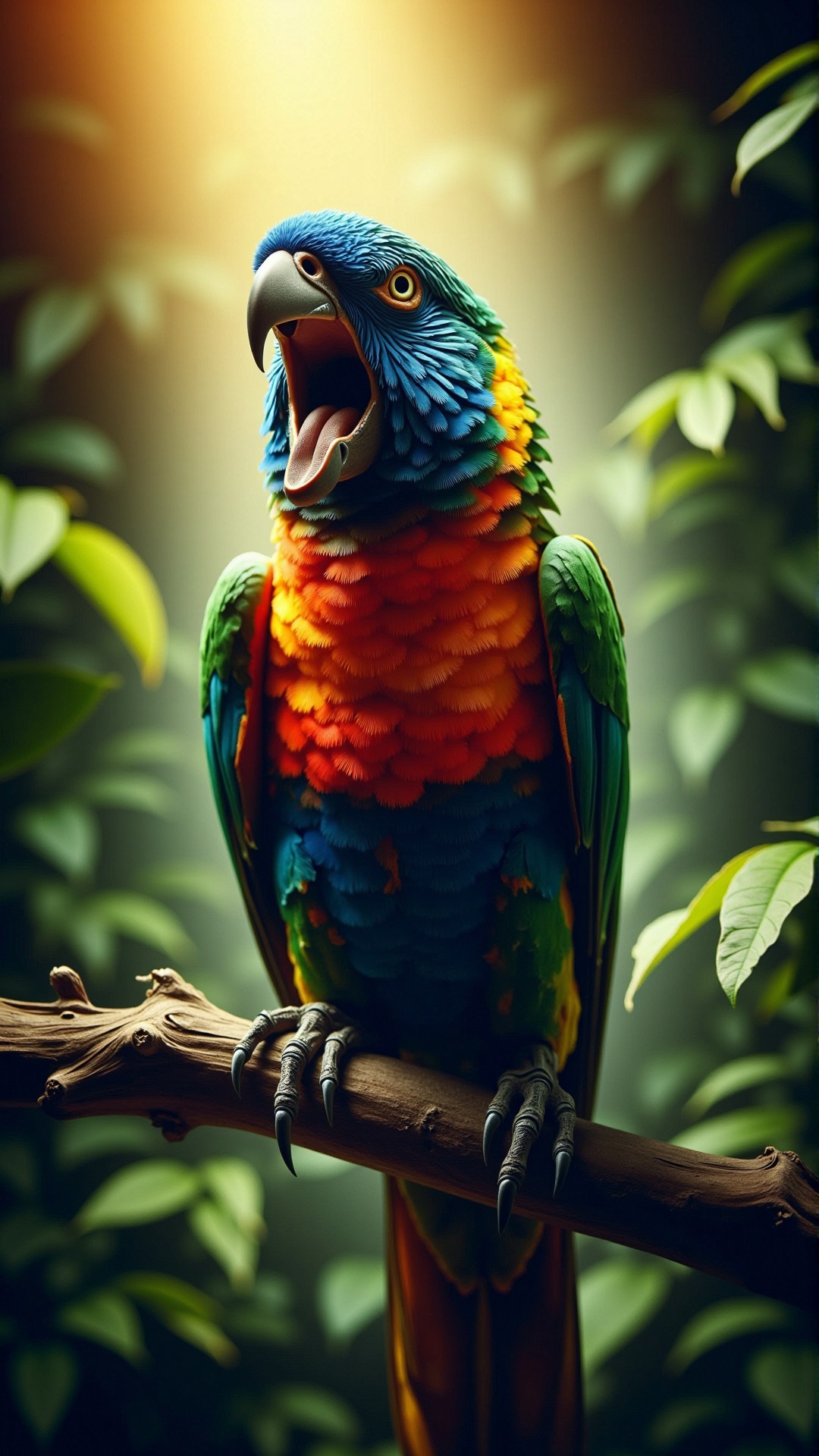 a photorealistic dark horror screaming malevolence Rainbow-colored parrot,  perched on a branch,  vibrant feathers on Tens...