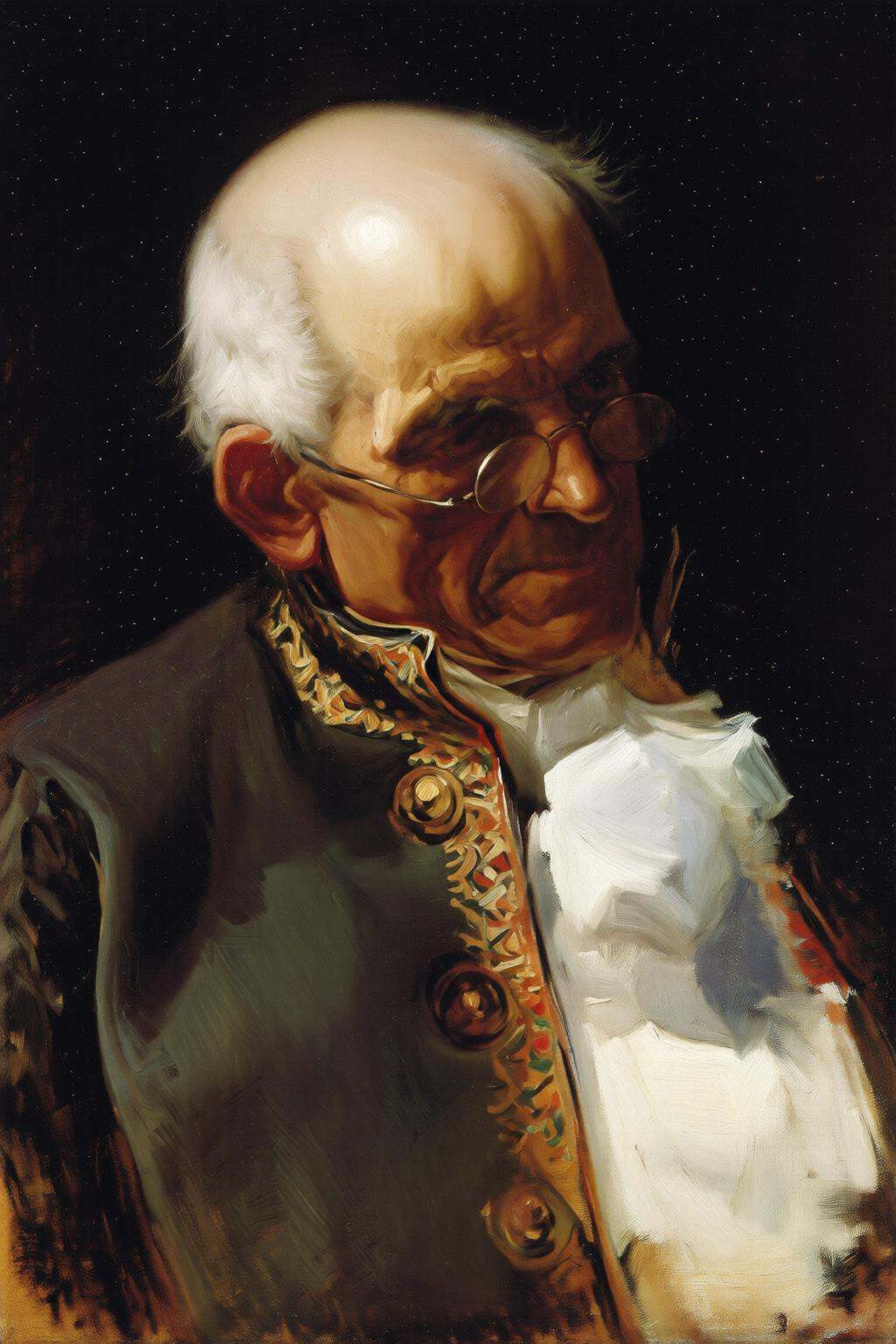 joaquinsorolla3q painting.High angle view of an elderly man,  shown in 3/4 profile,  with a bald head and white hair. He w...
