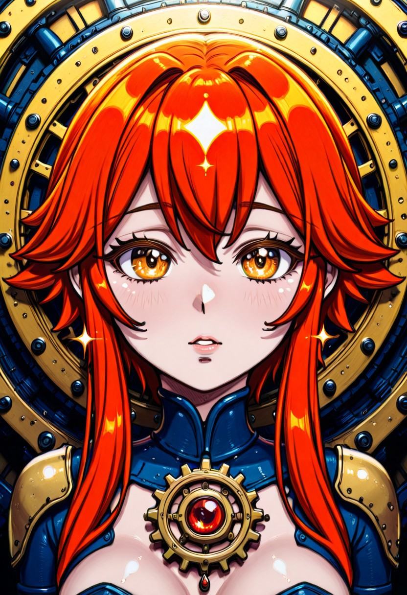 A close-up shot of a red-haired woman's face,  her bright locks tangled with intricately crafted gears and cogs that form...