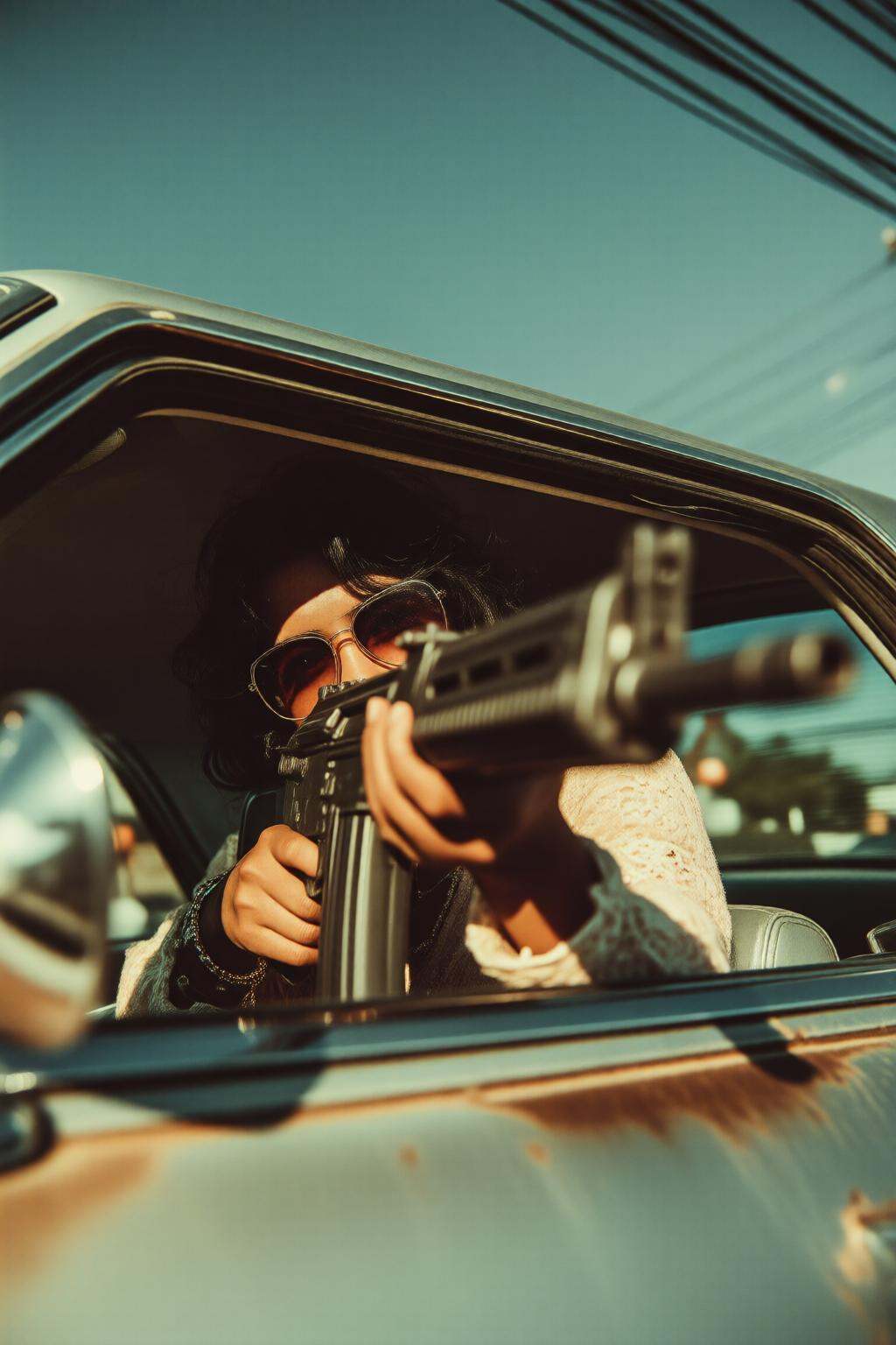 midjourneymix10q photograph.A low-angle shot of a Mexican woman is inside a vintage old car,  holding an Uzi submachine gu...