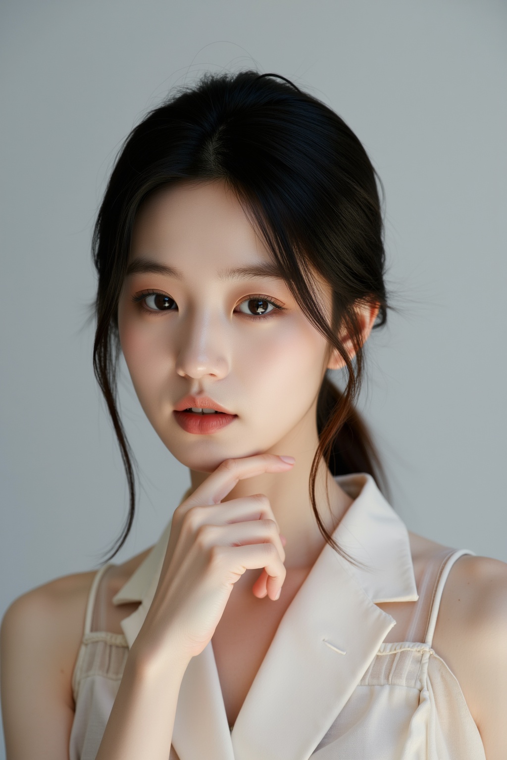 realistic,front film portrait photo of asian young woman in simple background,soft light,depth of field,looking_at_viewer,simple design,