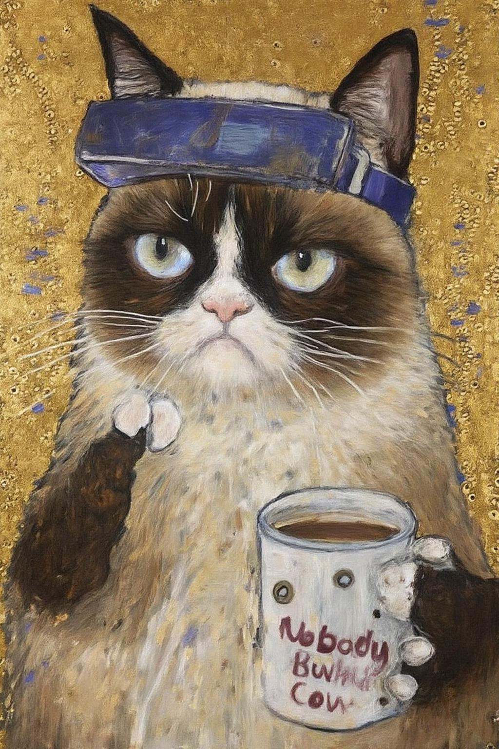 kl1mt painting. Grumpy Cat holding a coffee mug,  wearing a VR Headset. The mug has the phrase "NobodyButMeow" printed on...