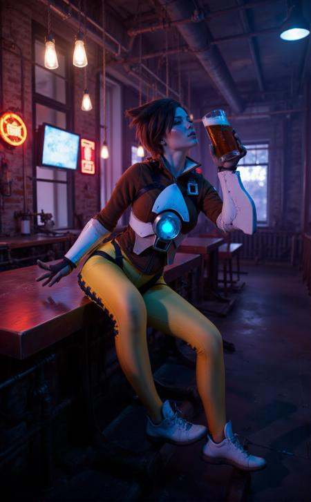 Tracer is a woman having a beer in a cyberpunk pub,  neon lights on Tensor.Art