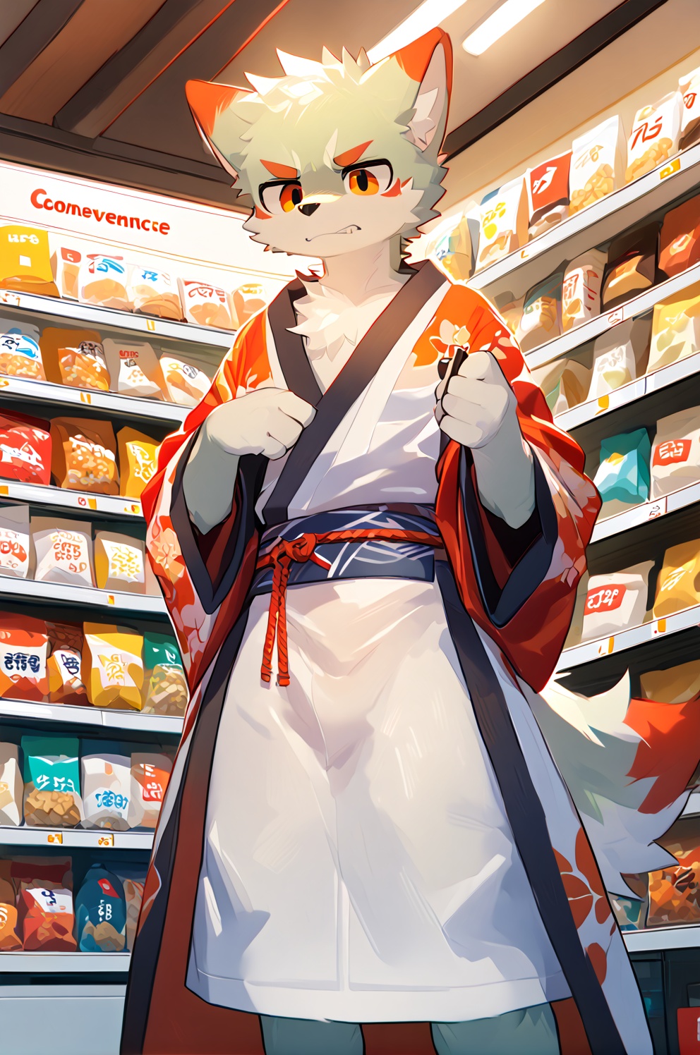 1boy,convenience store,kimono,shota,disgust,furry,from_below,body fur,anthro
