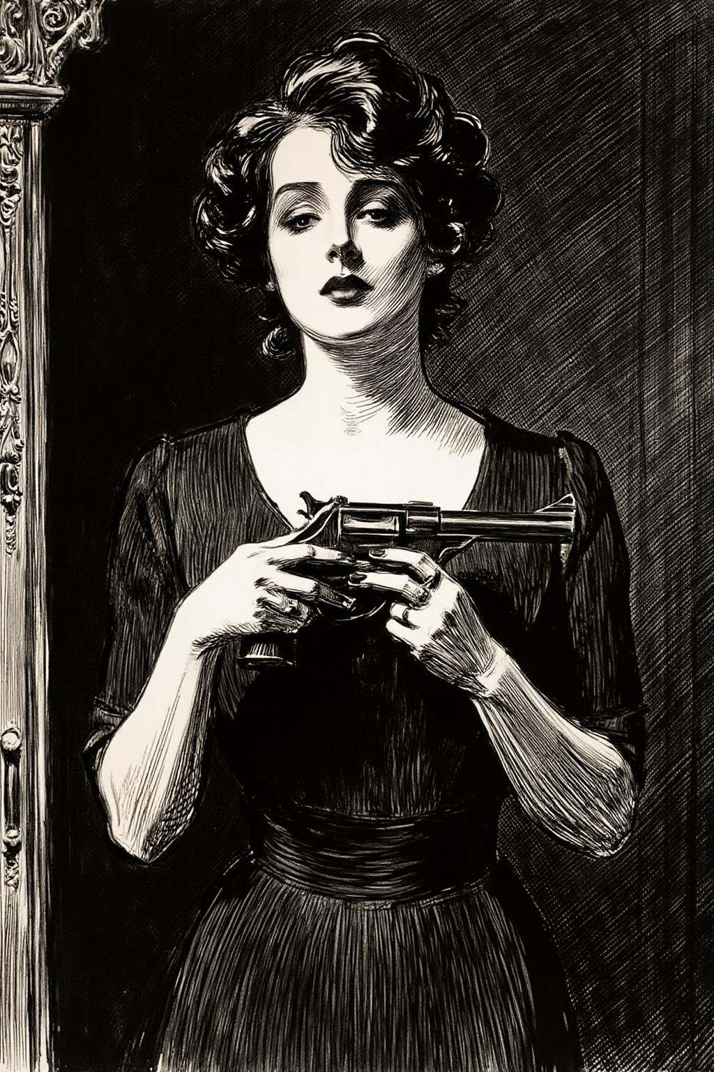 charlesdgibson1 color illustration.a mysterious woman with dark,  wavy hair and piercing eyes stands in the shadows of a d...