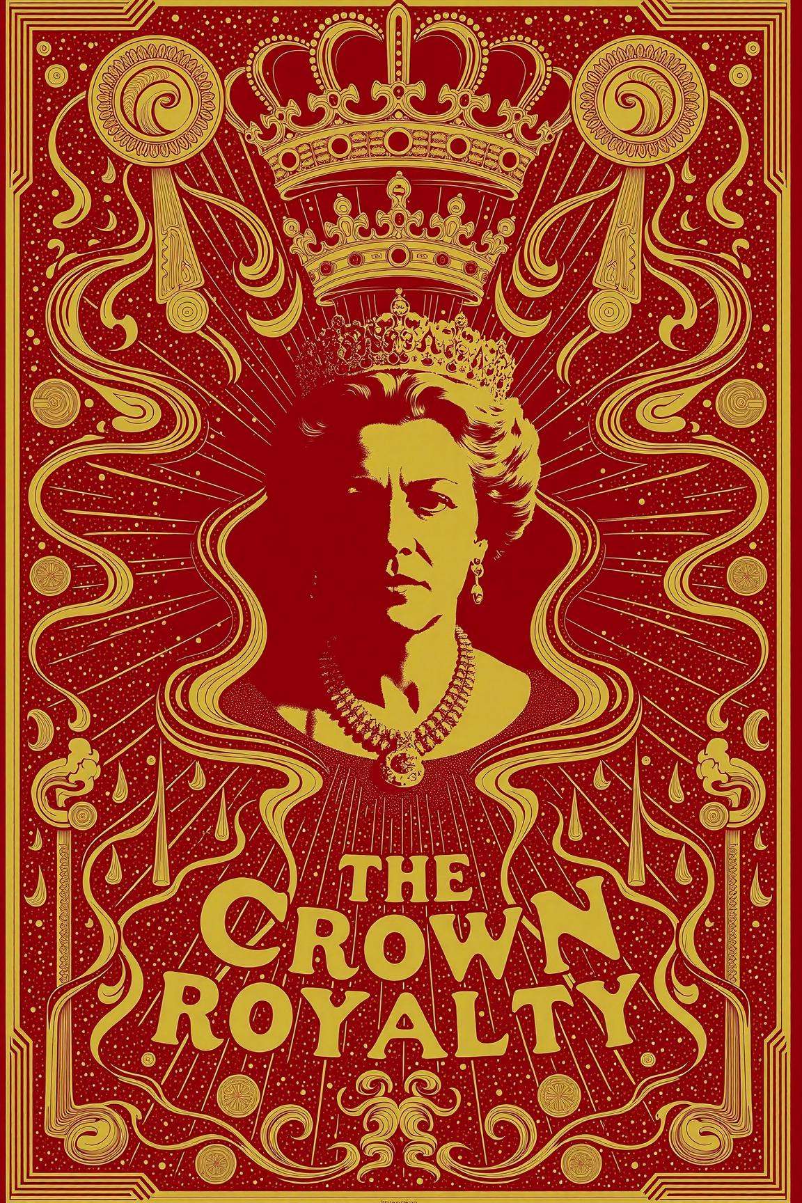 psypop,  70s psychedelic style poster of a "The Crown Royalty" psychedelic 1970s pop art poster,  vibrant Queen Elizabeth...