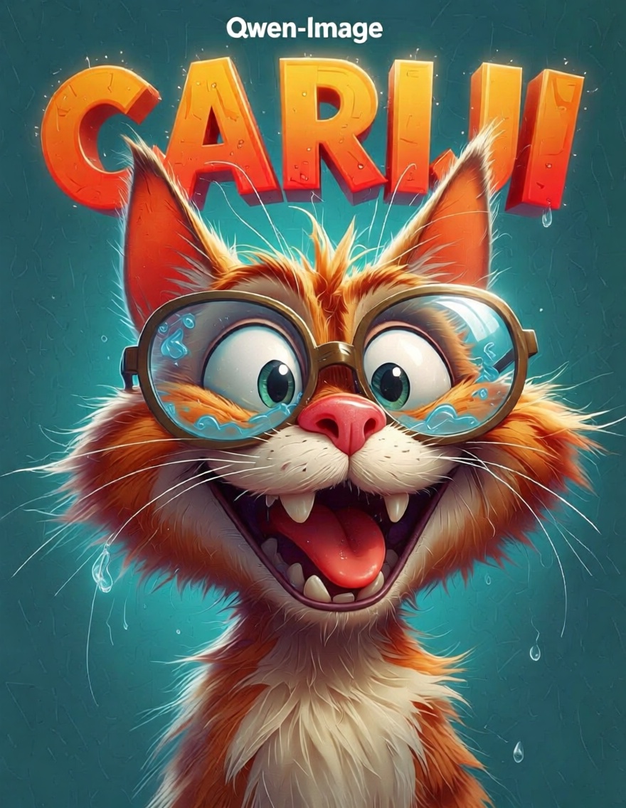 Cariji,  Poster titled "CARIJI" in vibrant bold 3d text with subtile "Qwen-Image" featuring detailed funny Cat wearing coo...