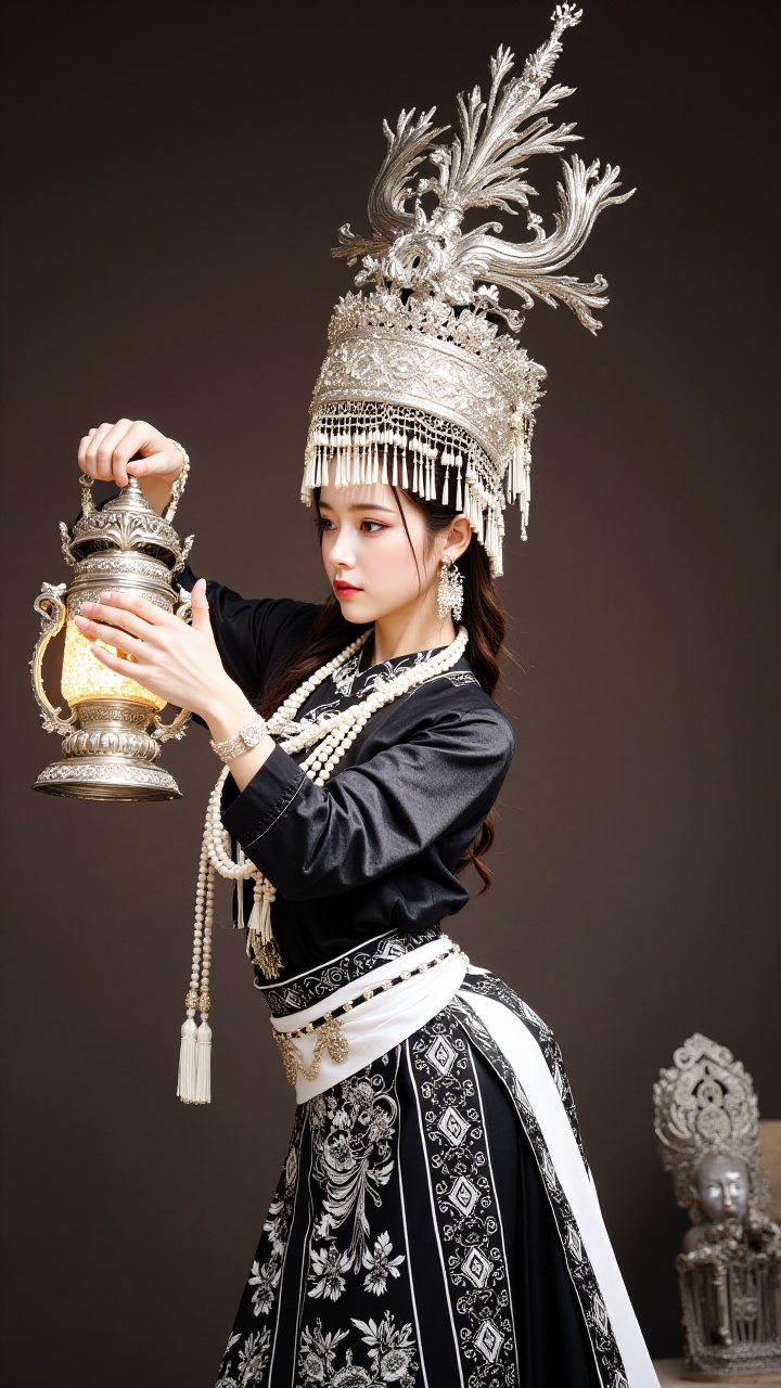 (masterpiece, best quality:1.2),1girl, Lean sideways, upper body, above the hips, one hand lifting the lantern, the other hand touching the lamp body, beads, bracelets, braids, cups, Miao Silver Phoenix Crown, super complex headdress, complex jewelry, silver metal headdress, Miao costumes, black and white Miao costumes, hats, jewelry, lip ornaments, necklaces, solo