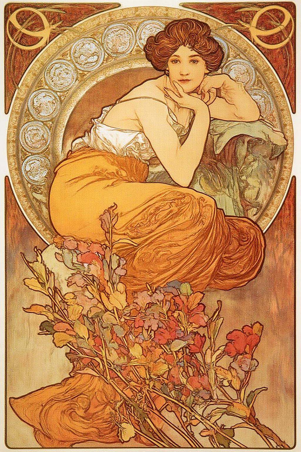 mucha1 illustration. A woman with a serene expression,  dressed in a flowing,  orange-red dress that cascades down her bod...