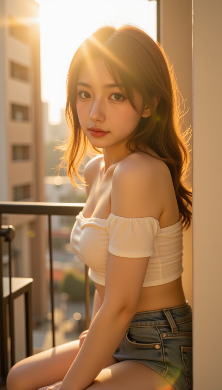 An Instagram-style photo filled with sunlight,  depicting a young asian beauty. She is wearing a fashionable off-the-shoul...