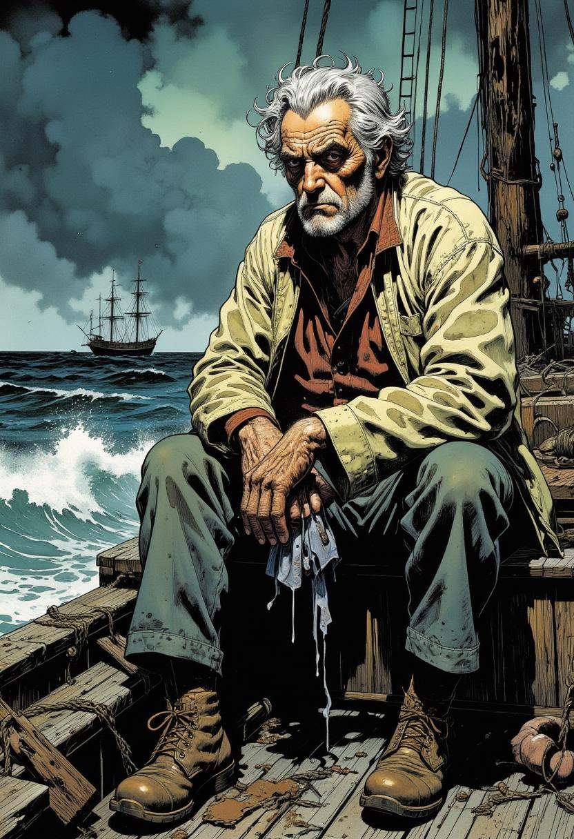 Comic book style,  movie shot of 80 yo old male fisherman sailor man sitting on deck of old dilapidated wooden sailboat,...
