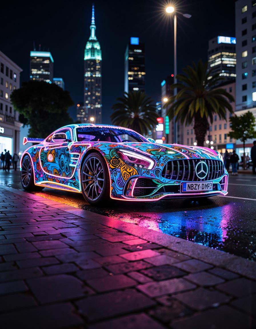 a supercar covered in neon mold,  city background,  nightlife setting on Tensor.Art