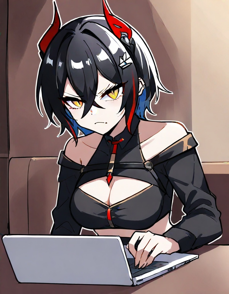 1girl, ulrich von hutten \(azur lane\), azur lane,zmgwshnmspfd, black hair, horns, short hair, yellow eyes, red horns, breasts, multicolored hair, mechanical horns, medium breasts, hair between eyes, hair ornament, ear piercing, white hair, laptop, angry, looking at viewer, shirt, cleavage, slit pupils, cleavage cutout, black shirt, collarbone, crop top, solo, piercing, upper body, hairclip, alternate costume, computer, breast strap, closed mouth, streaked hair, clothing cutout, tablet pc<lora:nsnsns:1>​​​