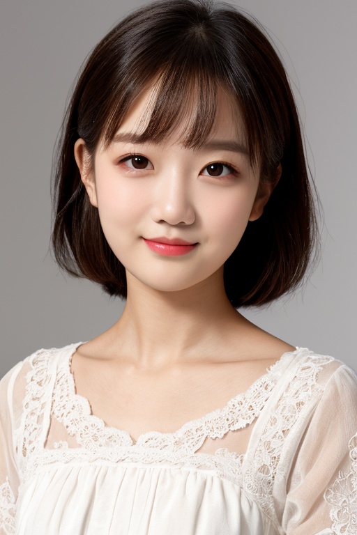 <lora:AgainAgeSliderLora:-0.5>, girl, smirk, closed mouth, portrait, realistic, dress, simple background, 