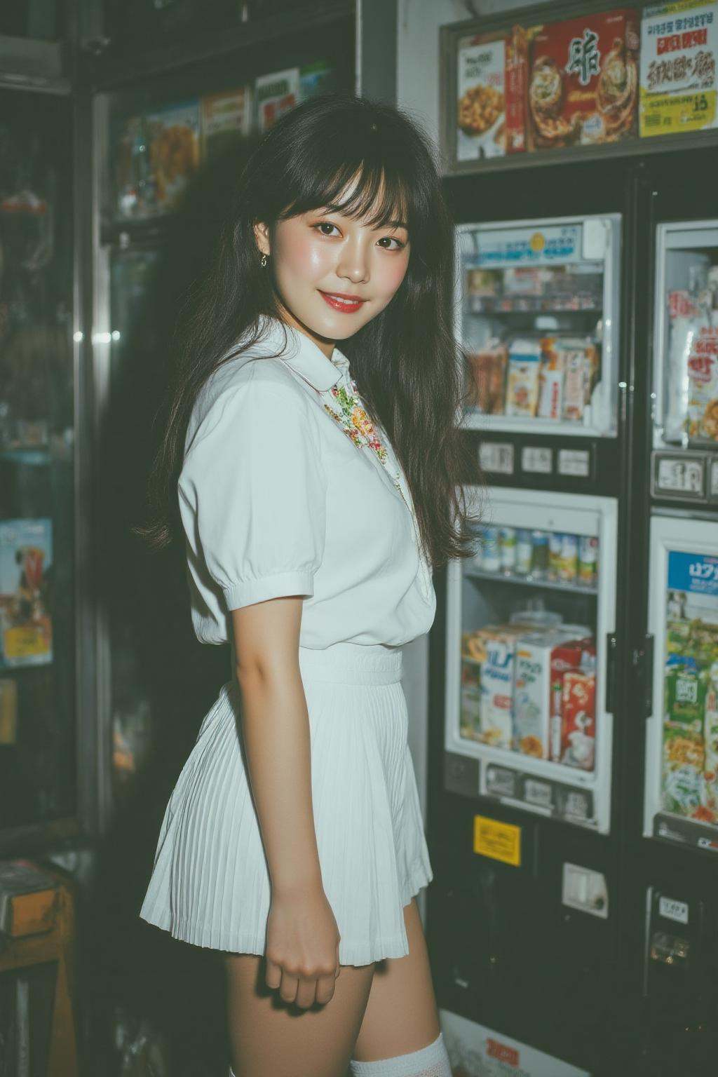 midjourney analog photograph. A young Korean woman,  shown in side profile,  stands in front of a row of vending machines....