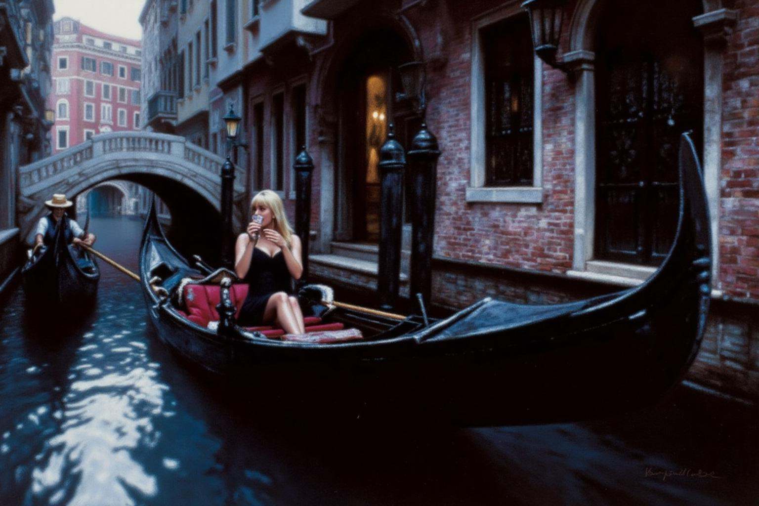 chenyifei2 painting of a blonde woman sitting in a gondola as it glides along a narrow canal. She is dress in a black litt...