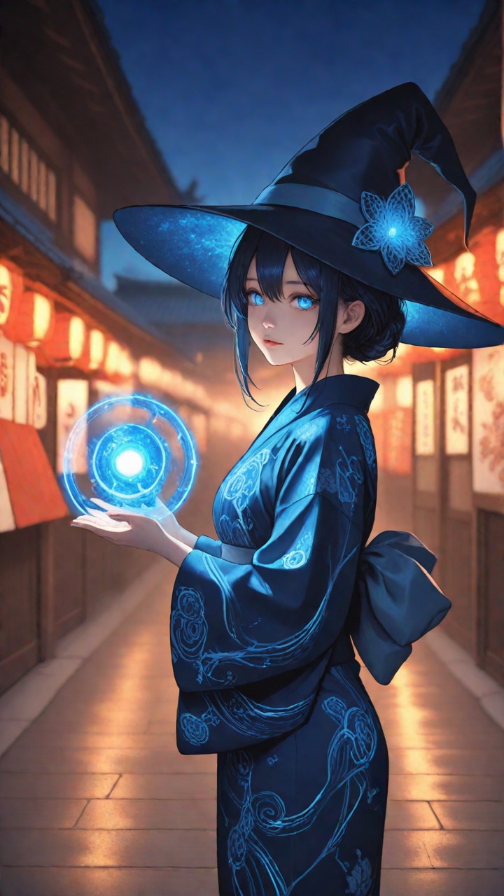 ultra detailed,  enchanting witch figure,  midnight blue yukata with magical symbols on Tensor.Art