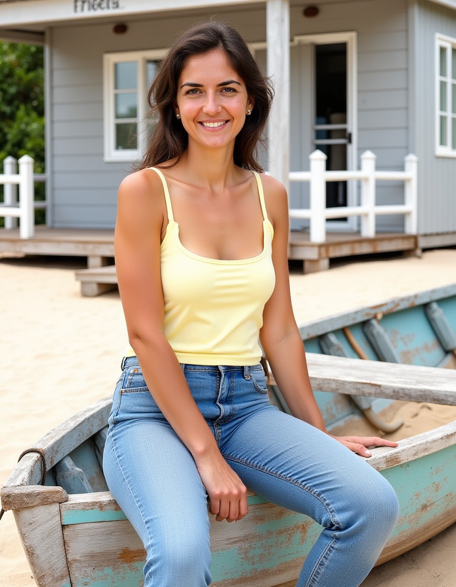 A woman,  mid-20s to 30s,  sits on a weathered wooden boat on a sandy beach. She wears a pale yellow sleeveless top and vi...